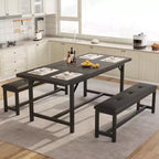 Juego de mesa de comedor de 3 piezas para 4-6 personas, mesa de cocina extensible de 160 cm y juego de bancos con estructura de metal, 2 bancos tapizados, gris retro