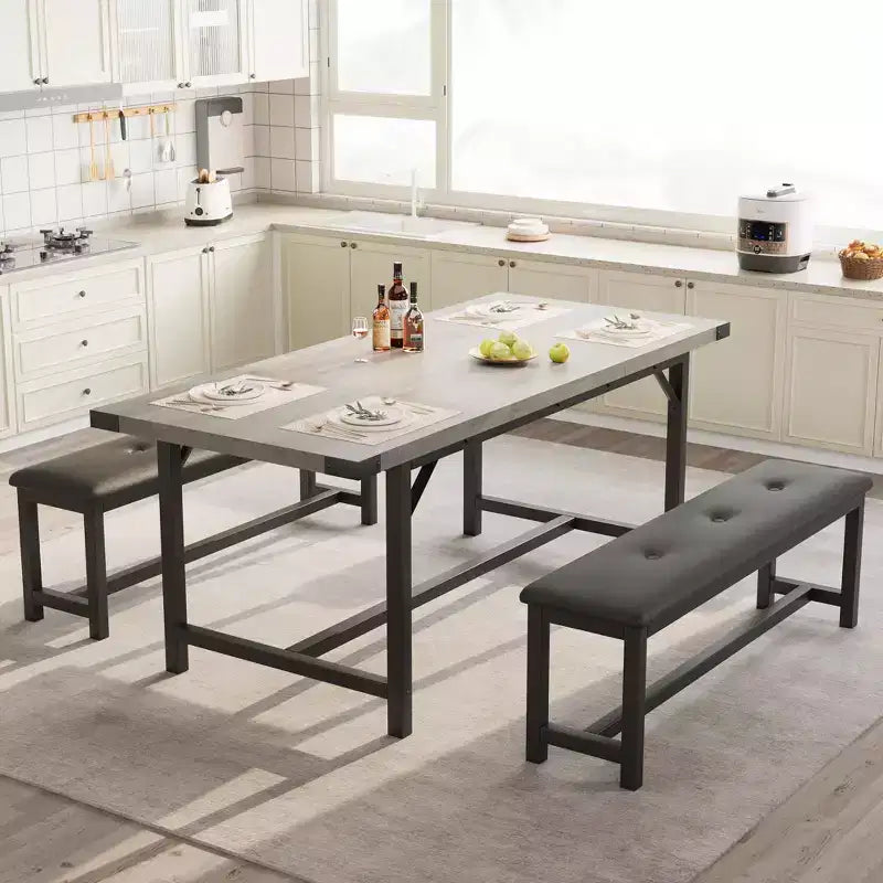 Juego de mesa de comedor de 3 piezas para 4-6 personas, mesa de cocina extensible de 160 cm y juego de bancos con estructura de metal, 2 bancos tapizados, gris retro