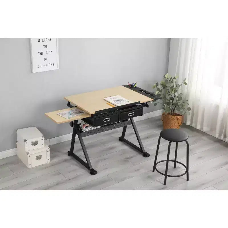 Mesa de Dibujo de Altura Ajustable con Inclinación de 0-75, Mesa de Arte para Adultos, con Dos Cajones de Almacenamiento y un Taburete, Mesa de Arte, Mesa de Dibujo para Pintores, Roble Blanco