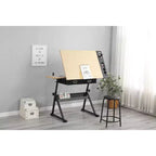 Mesa de Dibujo de Altura Ajustable con Inclinación de 0-75, Mesa de Arte para Adultos, con Dos Cajones de Almacenamiento y un Taburete, Mesa de Arte, Mesa de Dibujo para Pintores, Roble Blanco