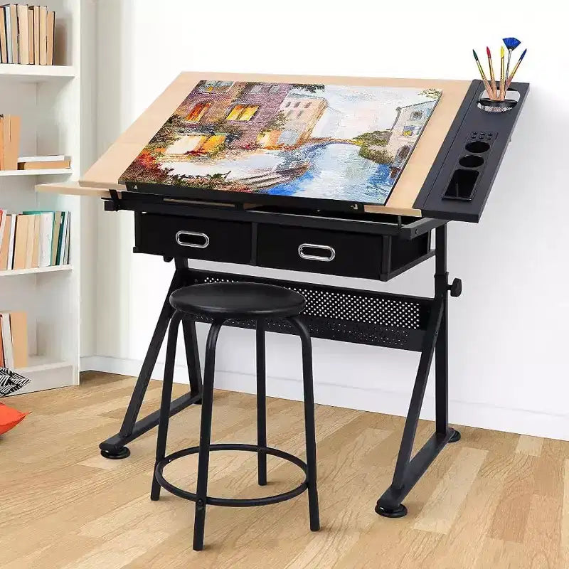 Mesa de Dibujo de Altura Ajustable con Inclinación de 0-75, Mesa de Arte para Adultos, con Dos Cajones de Almacenamiento y un Taburete, Mesa de Arte, Mesa de Dibujo para Pintores, Roble Blanco