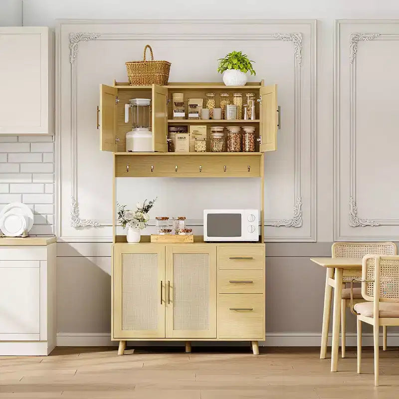 Mueble alacena de cocina de ratán de 71", bufé con soporte para microondas, estantes ajustables y 6 ganchos, color natural