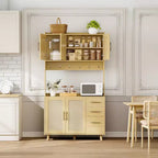 Mueble alacena de cocina de ratán de 71", bufé con soporte para microondas, estantes ajustables y 6 ganchos, color natural
