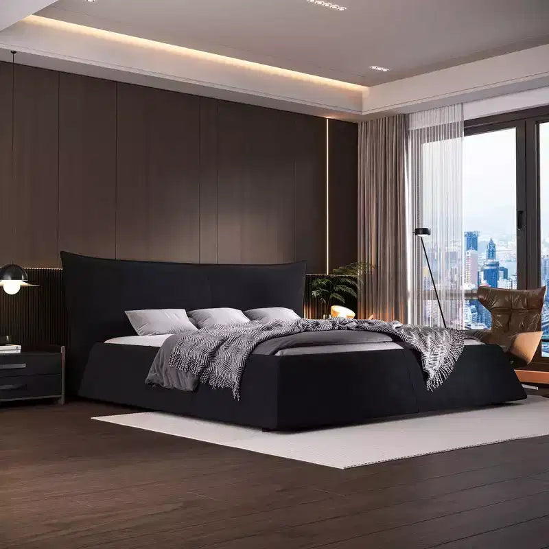 Cama de plataforma tapizada tamaño King Whisen, armazón de cama de metal y madera maciza con cabecera de terciopelo con forma especial