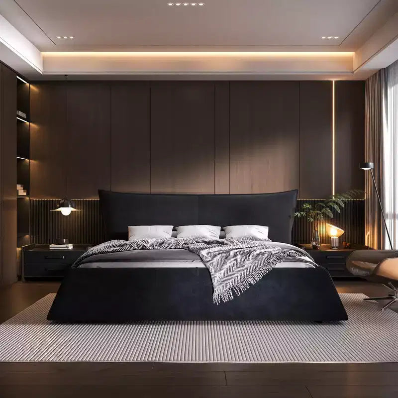 Cama de plataforma tapizada tamaño King Whisen, armazón de cama de metal y madera maciza con cabecera de terciopelo con forma especial