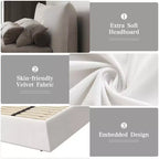 Cama de plataforma tapizada tamaño King Whisen, armazón de cama de metal y madera maciza con cabecera de terciopelo con forma especial
