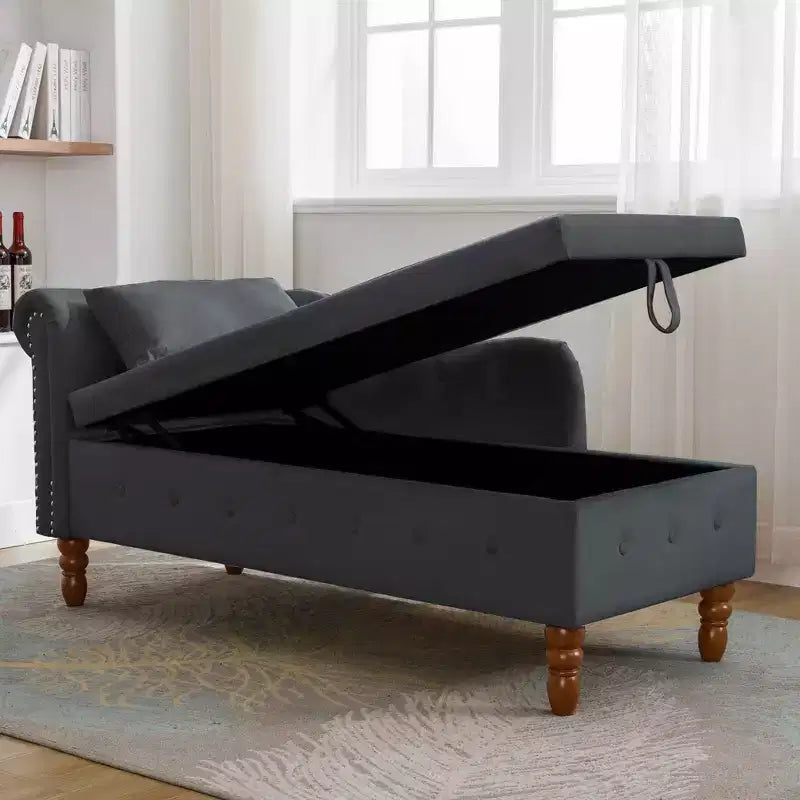 MAYEERTY Tumbona de terciopelo, almohada de almacenamiento, ribete de tachuelas, brazo enrollado, sala de estar, dormitorio, oficina, beige