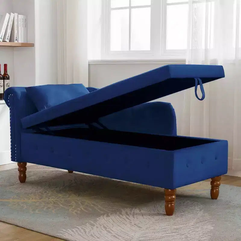 MAYEERTY Tumbona de terciopelo, almohada de almacenamiento, ribete de tachuelas, brazo enrollado, sala de estar, dormitorio, oficina, beige