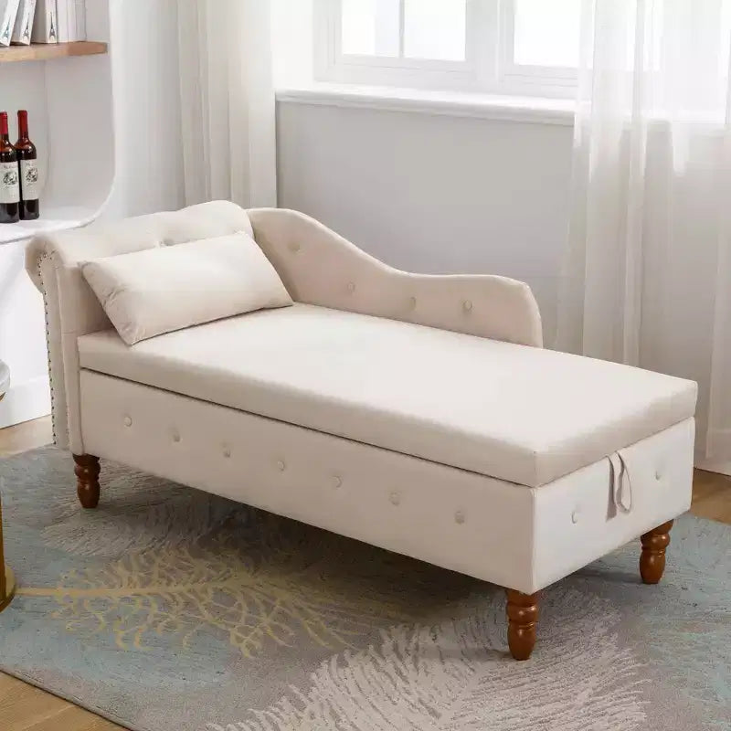 MAYEERTY Tumbona de terciopelo, almohada de almacenamiento, ribete de tachuelas, brazo enrollado, sala de estar, dormitorio, oficina, beige