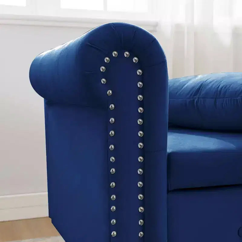 MAYEERTY Tumbona de terciopelo, almohada de almacenamiento, ribete de tachuelas, brazo enrollado, sala de estar, dormitorio, oficina, beige