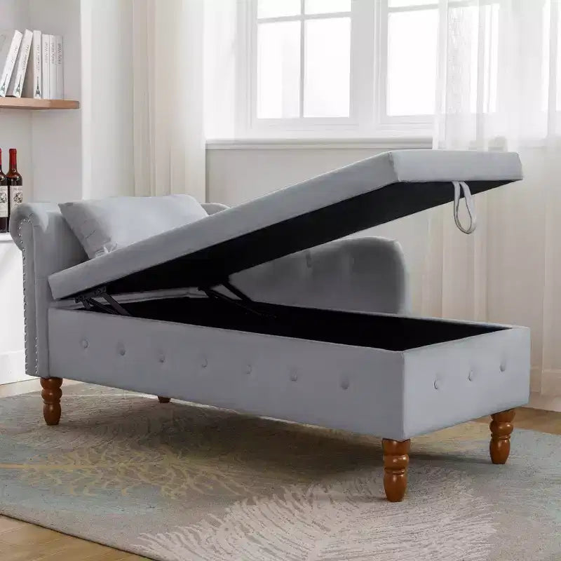 MAYEERTY Tumbona de terciopelo, almohada de almacenamiento, ribete de tachuelas, brazo enrollado, sala de estar, dormitorio, oficina, beige