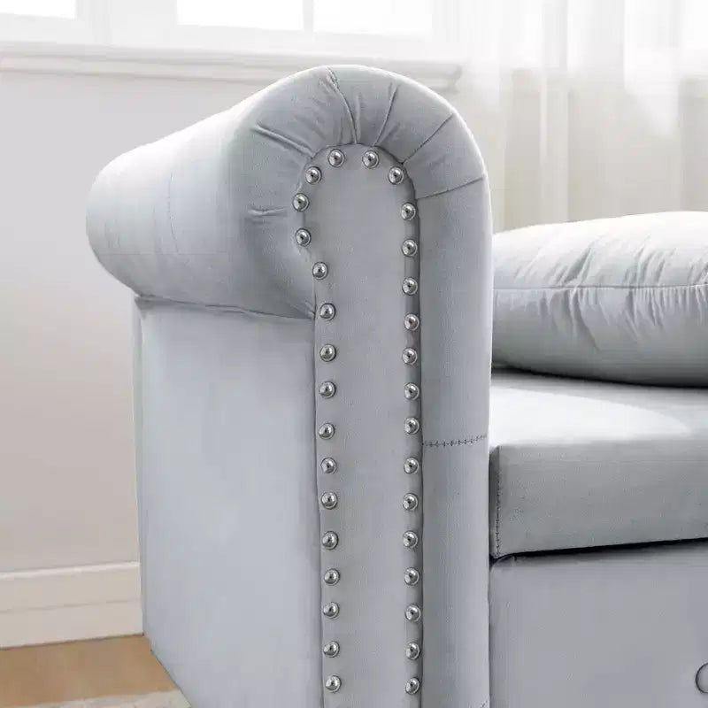 MAYEERTY Tumbona de terciopelo, almohada de almacenamiento, ribete de tachuelas, brazo enrollado, sala de estar, dormitorio, oficina, beige