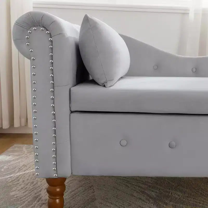 MAYEERTY Tumbona de terciopelo, almohada de almacenamiento, ribete de tachuelas, brazo enrollado, sala de estar, dormitorio, oficina, beige