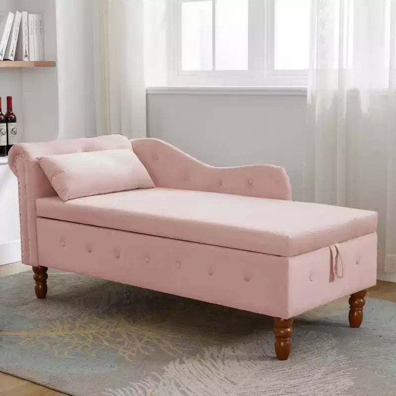 MAYEERTY Tumbona de terciopelo, almohada de almacenamiento, ribete de tachuelas, brazo enrollado, sala de estar, dormitorio, oficina, beige