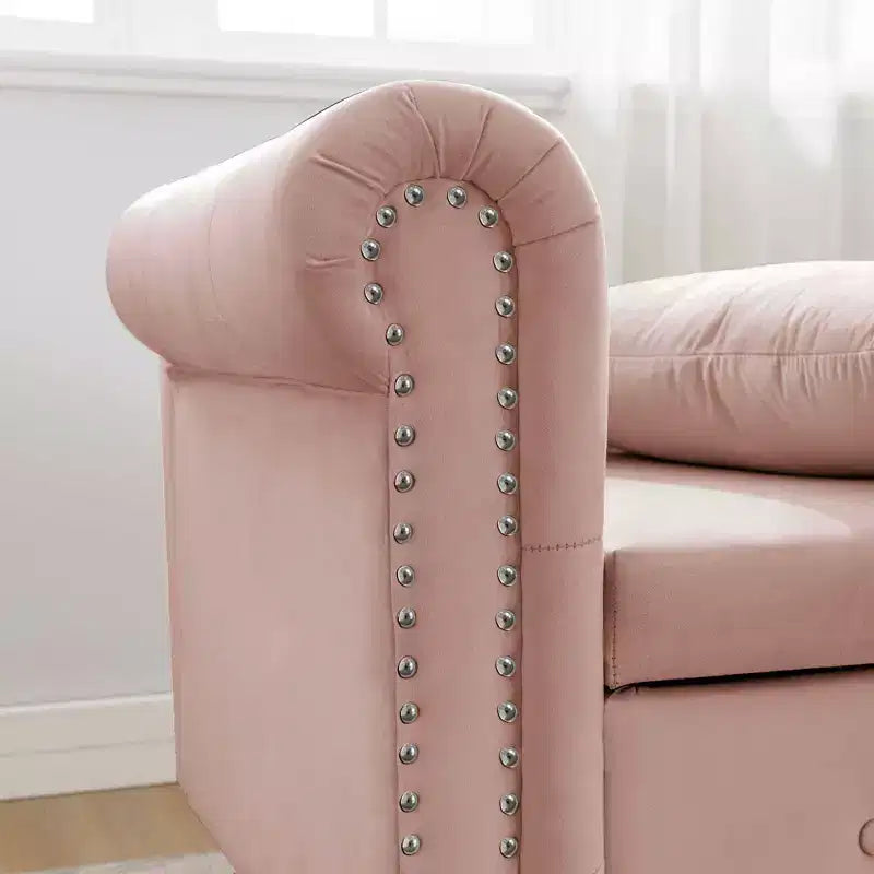 MAYEERTY Tumbona de terciopelo, almohada de almacenamiento, ribete de tachuelas, brazo enrollado, sala de estar, dormitorio, oficina, beige
