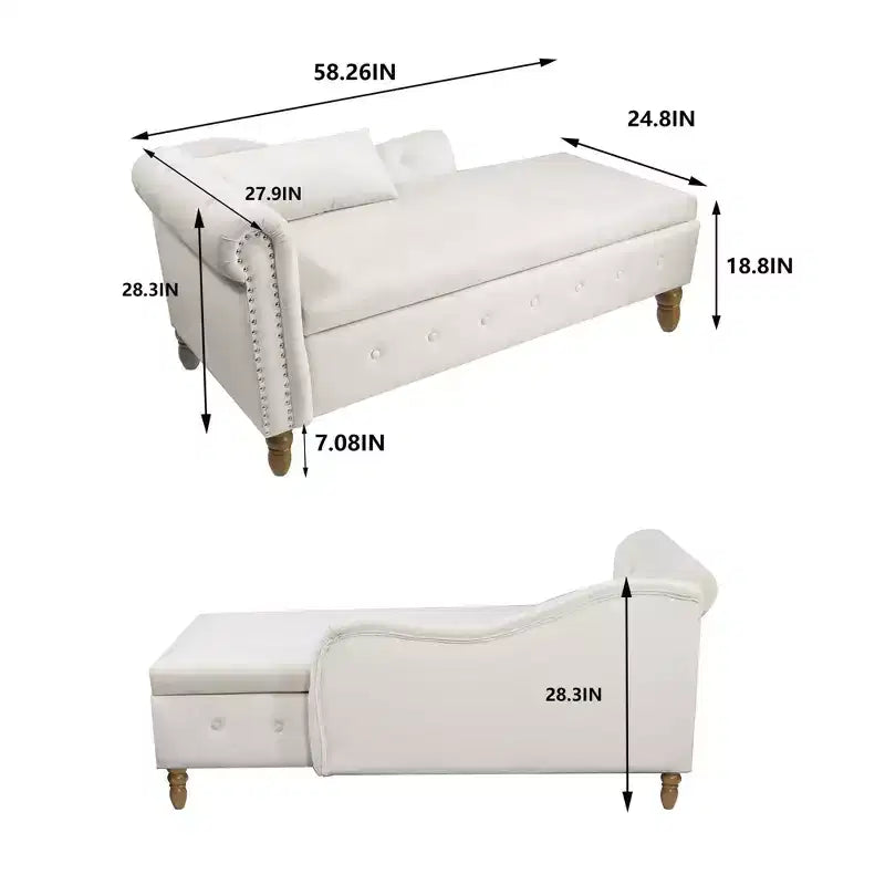 MAYEERTY Tumbona de terciopelo, almohada de almacenamiento, ribete de tachuelas, brazo enrollado, sala de estar, dormitorio, oficina, beige
