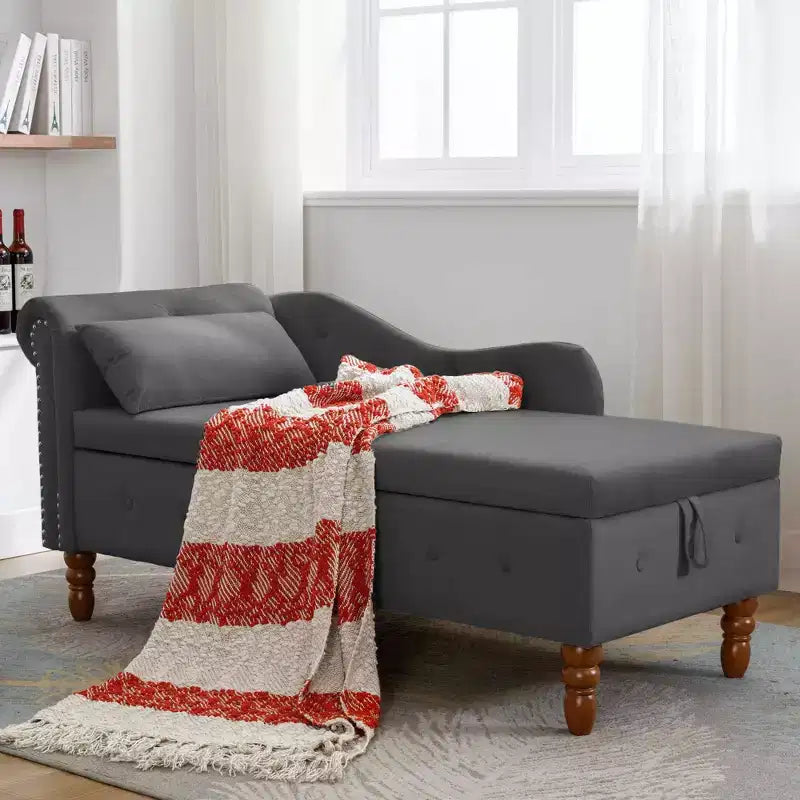 MAYEERTY Tumbona de terciopelo, almohada de almacenamiento, ribete de tachuelas, brazo enrollado, sala de estar, dormitorio, oficina, beige