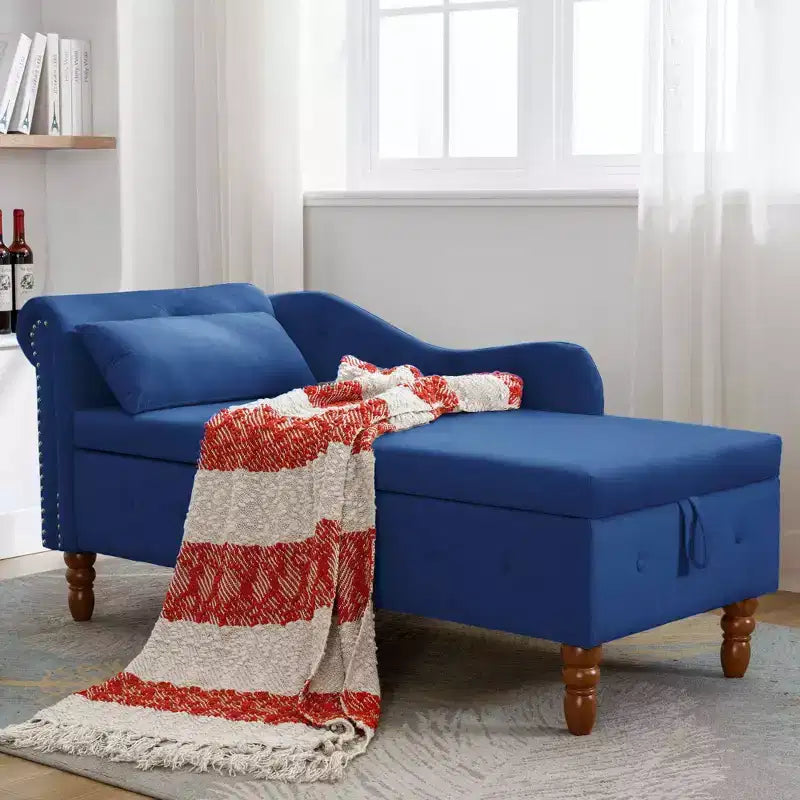 MAYEERTY Tumbona de terciopelo, almohada de almacenamiento, ribete de tachuelas, brazo enrollado, sala de estar, dormitorio, oficina, beige