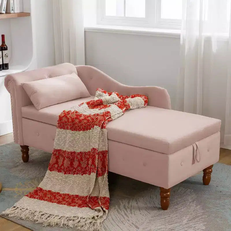 MAYEERTY Tumbona de terciopelo, almohada de almacenamiento, ribete de tachuelas, brazo enrollado, sala de estar, dormitorio, oficina, beige