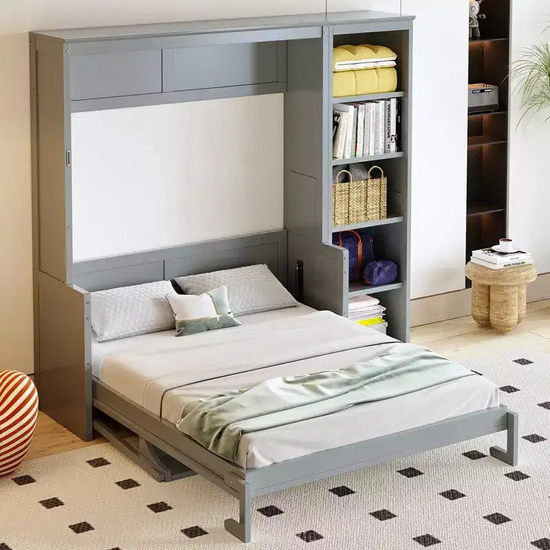 Cama de pared de madera de pino macizo con escritorio y estantería que ahorra espacio, modelo Ruby de GDFStudio