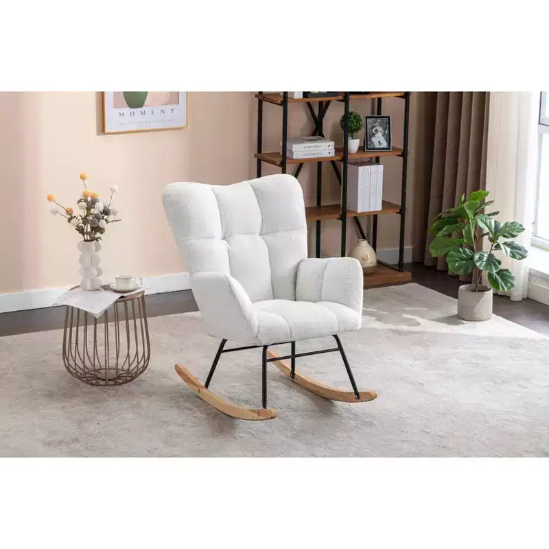 MAYEERTY Sillón Mecedora Tapizado de Tela de Peluche, para Interiores, Sala de Estar, Color Marfil