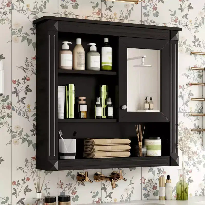 Botiquín de MDF rectangular FAMYYT de 32 pulg. de ancho x 28 pulg. de alto con espejo, 5 estantes extraíbles y bisagras de cierre suave