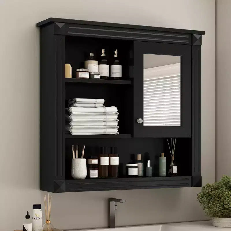 Botiquín de MDF rectangular FAMYYT de 32 pulg. de ancho x 28 pulg. de alto con espejo, 5 estantes extraíbles y bisagras de cierre suave
