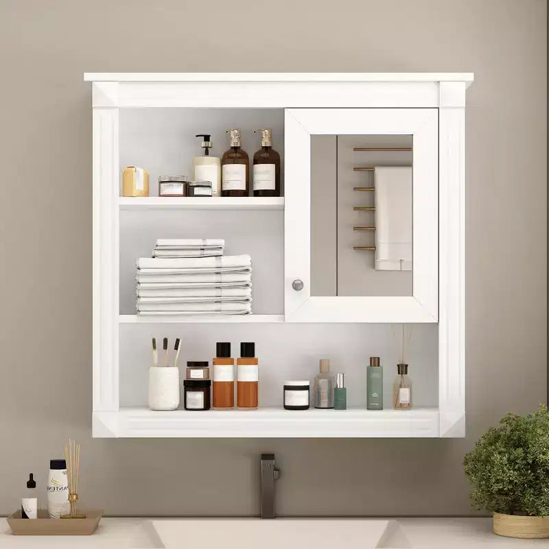 Botiquín de MDF rectangular FAMYYT de 32 pulg. de ancho x 28 pulg. de alto con espejo, 5 estantes extraíbles y bisagras de cierre suave