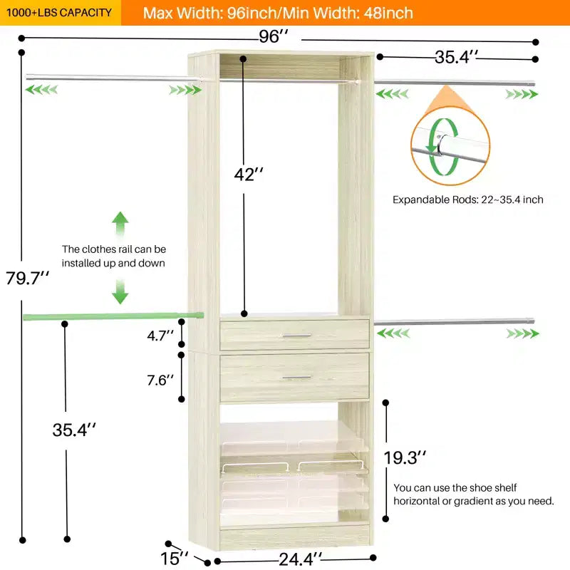 Sistema de Armario Besiost con 2 Cajones de Madera y Zapatero Ajustable