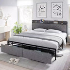 King Size Bed Frame with 2 Storage Drawers and USB Ports, Modern Platform Bed with Upholstered Shelf Headboard, Sturdy, Noise Free, Gray