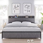 Estructura de Cama King Size con 2 Cajones de Almacenamiento y Puertos USB, Cama Moderna Tipo Plataforma con Cabecero Tapizado con Estante, Robusta, Silenciosa, Gris
