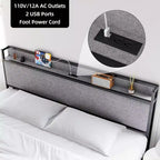 Estructura de Cama King Size con 2 Cajones de Almacenamiento y Puertos USB, Cama Moderna Tipo Plataforma con Cabecero Tapizado con Estante, Robusta, Silenciosa, Gris
