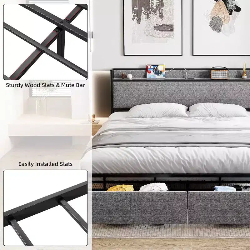 Estructura de Cama King Size con 2 Cajones de Almacenamiento y Puertos USB, Cama Moderna Tipo Plataforma con Cabecero Tapizado con Estante, Robusta, Silenciosa, Gris