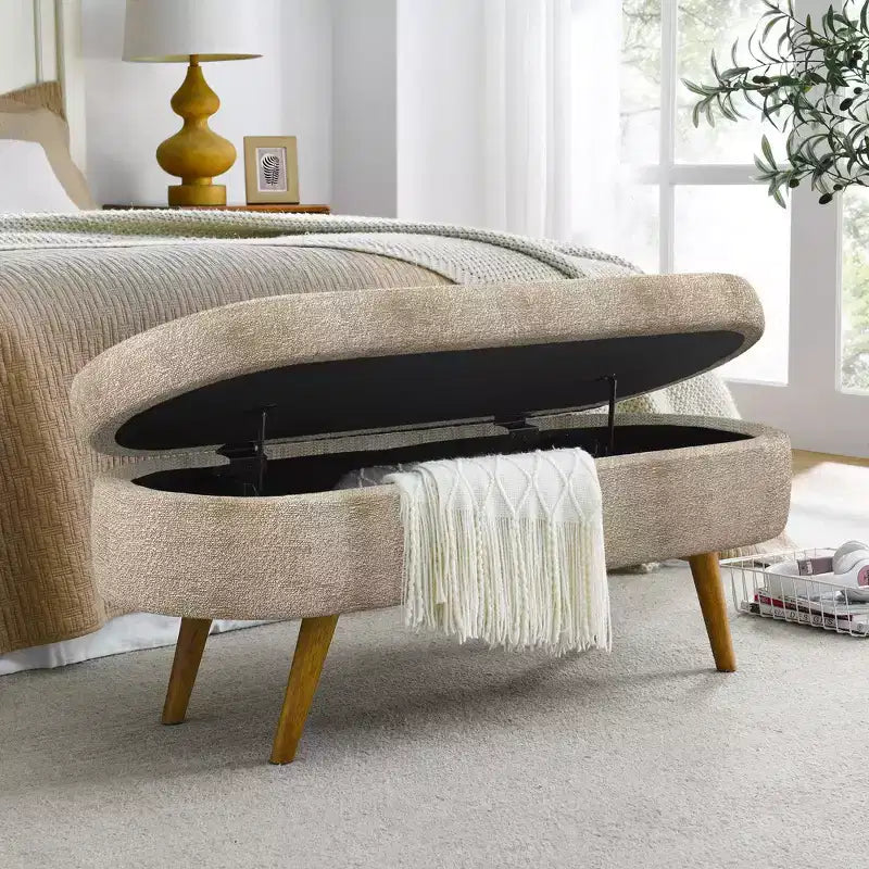 TUYOHW 43.5 Banco Otomano Ovalado de Almacenamiento de Tela, Banco de Almacenamiento Tapizado con Patas de Madera de Caucho, Otomana Reposapiés para Sala de Estar, Dormitorio, Entrada