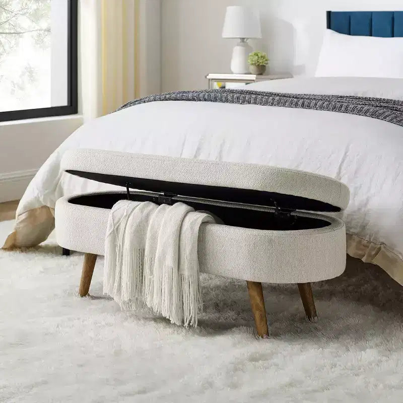 TUYOHW 43.5 Banco Otomano Ovalado de Almacenamiento de Tela, Banco de Almacenamiento Tapizado con Patas de Madera de Caucho, Otomana Reposapiés para Sala de Estar, Dormitorio, Entrada