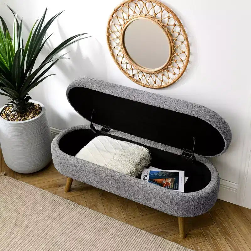 TUYOHW 43.5 Banco Otomano Ovalado de Almacenamiento de Tela, Banco de Almacenamiento Tapizado con Patas de Madera de Caucho, Otomana Reposapiés para Sala de Estar, Dormitorio, Entrada