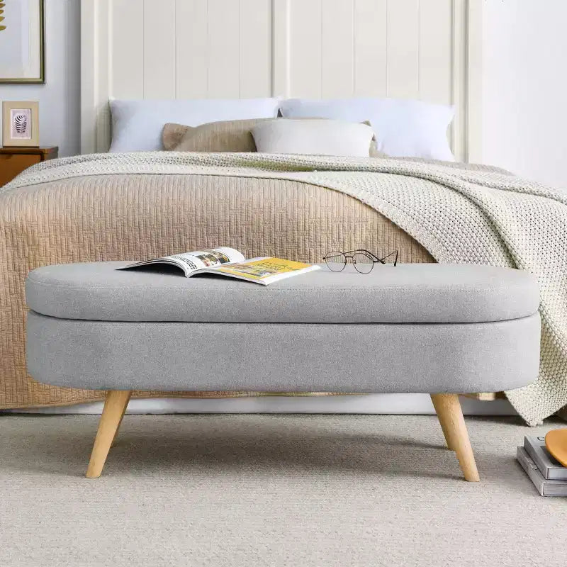 TUYOHW 43.5 Banco Otomano Ovalado de Almacenamiento de Tela, Banco de Almacenamiento Tapizado con Patas de Madera de Caucho, Otomana Reposapiés para Sala de Estar, Dormitorio, Entrada