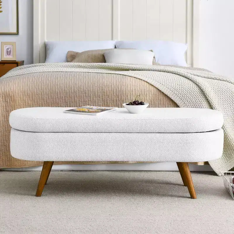 TUYOHW 43.5 Banco Otomano Ovalado de Almacenamiento de Tela, Banco de Almacenamiento Tapizado con Patas de Madera de Caucho, Otomana Reposapiés para Sala de Estar, Dormitorio, Entrada