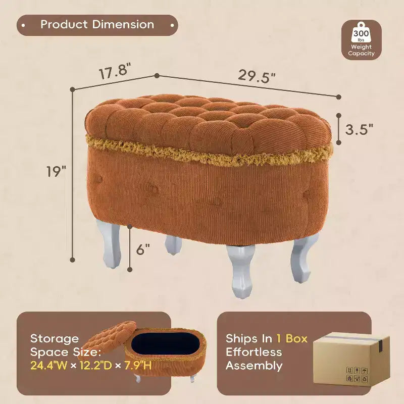 TUYOHW 29.5 Banco de Almacenamiento Tapizado, Banco para Pie de Cama de Tela con Botones Capitón y Flecos, Tapa Elevable, Banco para Pie de Cama para Dormitorio, Sala de Estar