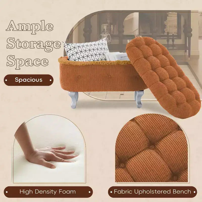 TUYOHW 29.5 Banco de Almacenamiento Tapizado, Banco para Pie de Cama de Tela con Botones Capitón y Flecos, Tapa Elevable, Banco para Pie de Cama para Dormitorio, Sala de Estar