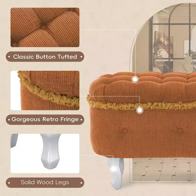 TUYOHW 29.5 Banco de Almacenamiento Tapizado, Banco para Pie de Cama de Tela con Botones Capitón y Flecos, Tapa Elevable, Banco para Pie de Cama para Dormitorio, Sala de Estar