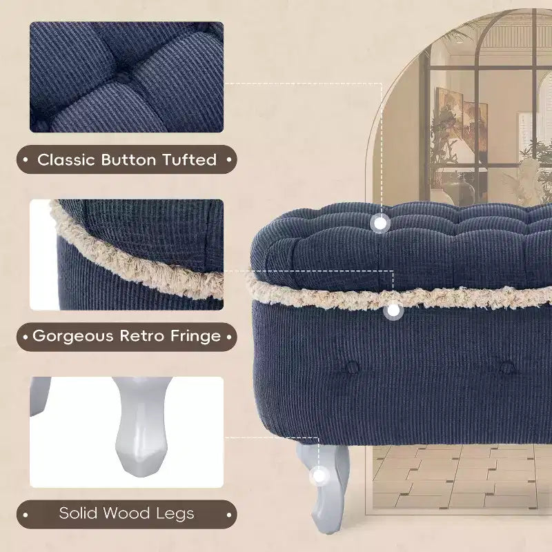 TUYOHW 29.5 Banco de Almacenamiento Tapizado, Banco para Pie de Cama de Tela con Botones Capitón y Flecos, Tapa Elevable, Banco para Pie de Cama para Dormitorio, Sala de Estar