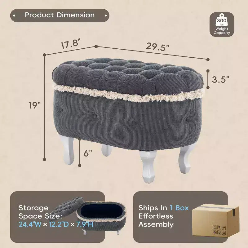 TUYOHW 29.5 Banco de Almacenamiento Tapizado, Banco para Pie de Cama de Tela con Botones Capitón y Flecos, Tapa Elevable, Banco para Pie de Cama para Dormitorio, Sala de Estar