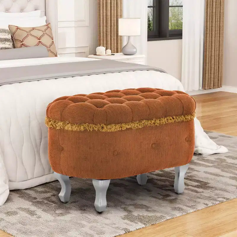TUYOHW 29.5 Banco de Almacenamiento Tapizado, Banco para Pie de Cama de Tela con Botones Capitón y Flecos, Tapa Elevable, Banco para Pie de Cama para Dormitorio, Sala de Estar