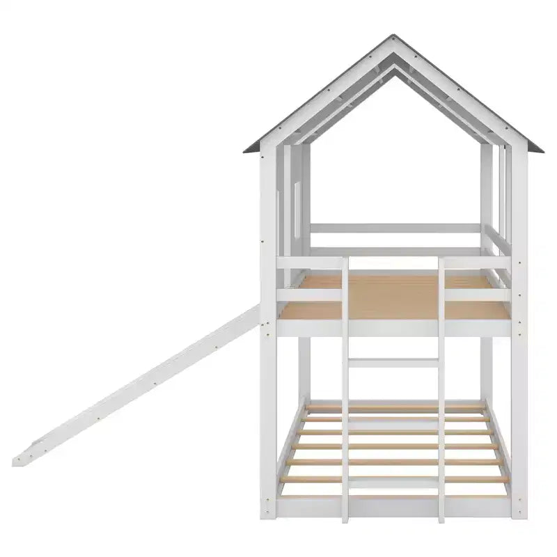 Litera doble sobre doble Luxystar tipo casita con tobogán y ventanas para habitación infantil, blanco+gris
