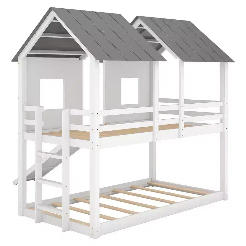 Litera doble sobre doble Luxystar tipo casita con tobogán y ventanas para habitación infantil, blanco+gris