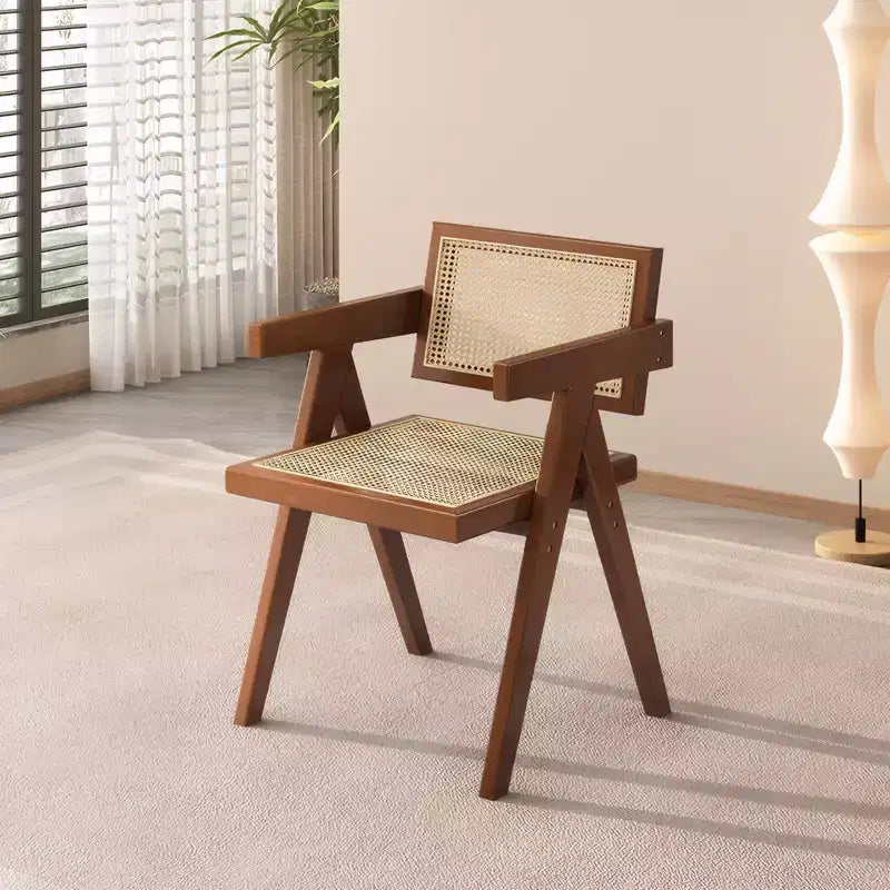 JVNOXK Modern Mid Century Dining Chairs Set of 2, Rattan Accent Chairs, Comfy Armchairs, Outdoor Wood Chairs with Armrest for Bedroom, Brown