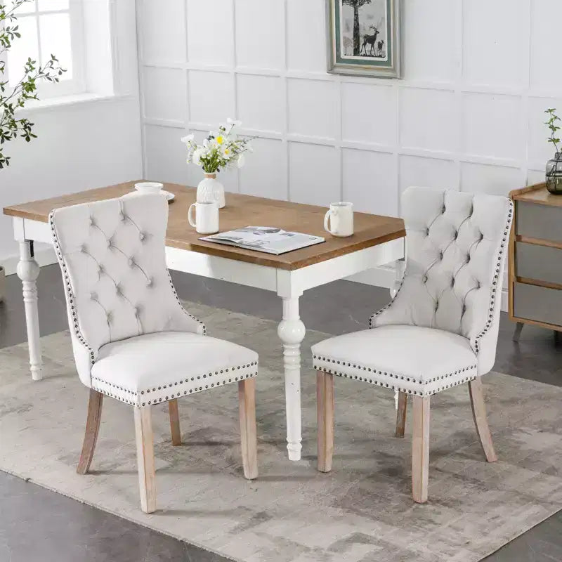 TUYOHW Sillas de Comedor Contemporáneas, 2 Piezas Elegantes Sillas Auxiliares Tapizadas, Sillas de Comedor de Lino Suave, Patas de Madera Maciza y Ribete de Tachuelas, 300lbs Máx.