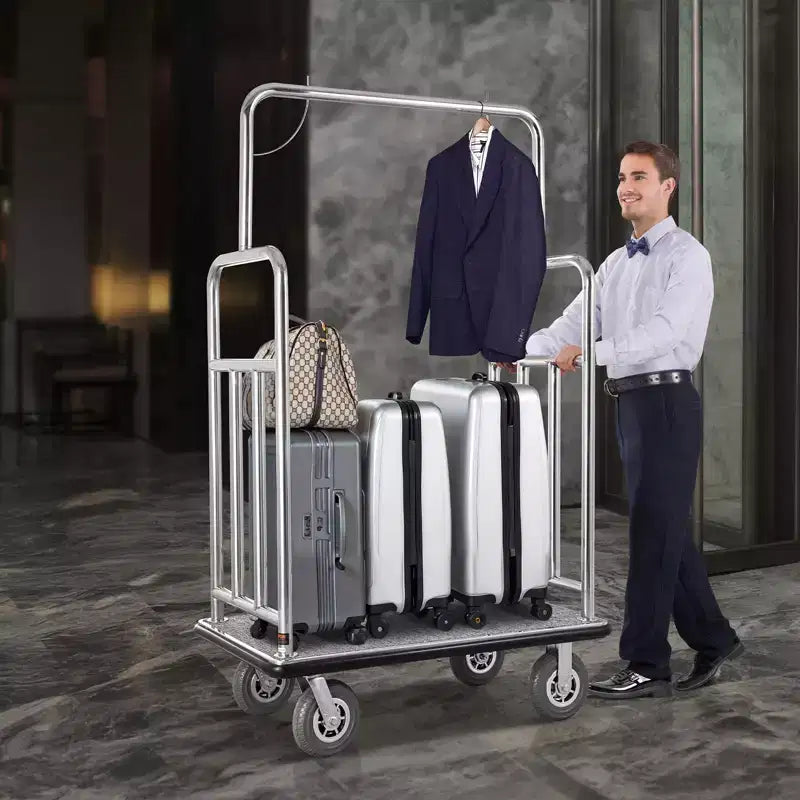 VEVOR Carro para Equipaje de Hotel, Capacidad de Carga de 1200 Libras, Carro de Botones con Acabado de Acero Inoxidable Cepillado, Carro de Valet con Plataforma Alfombrada Gris y Ruedas de 8 Pulgadas, Plateado