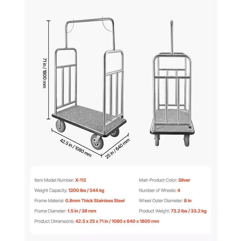 VEVOR Carro para Equipaje de Hotel, Capacidad de Carga de 1200 Libras, Carro de Botones con Acabado de Acero Inoxidable Cepillado, Carro de Valet con Plataforma Alfombrada Gris y Ruedas de 8 Pulgadas, Plateado